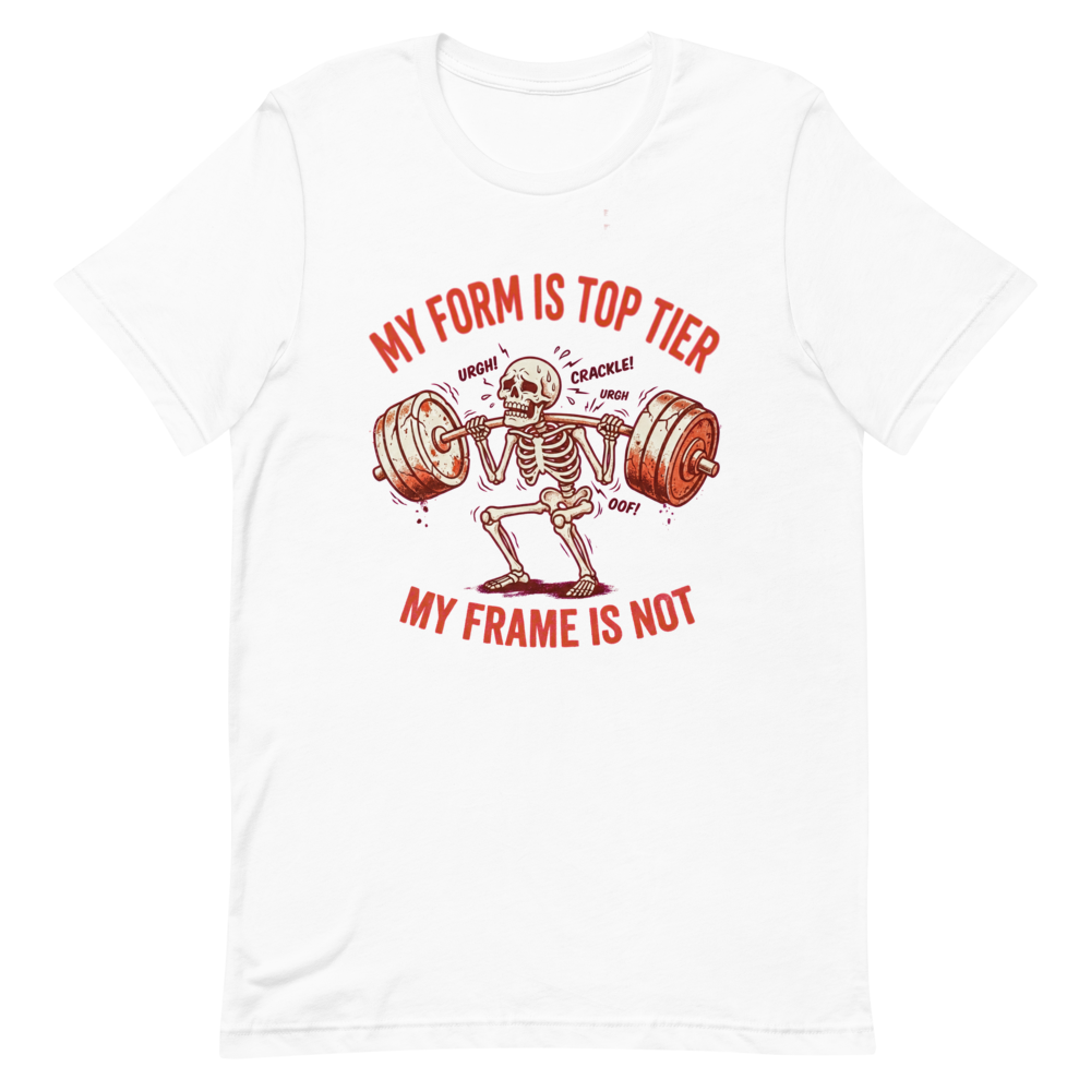 Struggling Skeleton — Funny Gym Shirt for Lifters